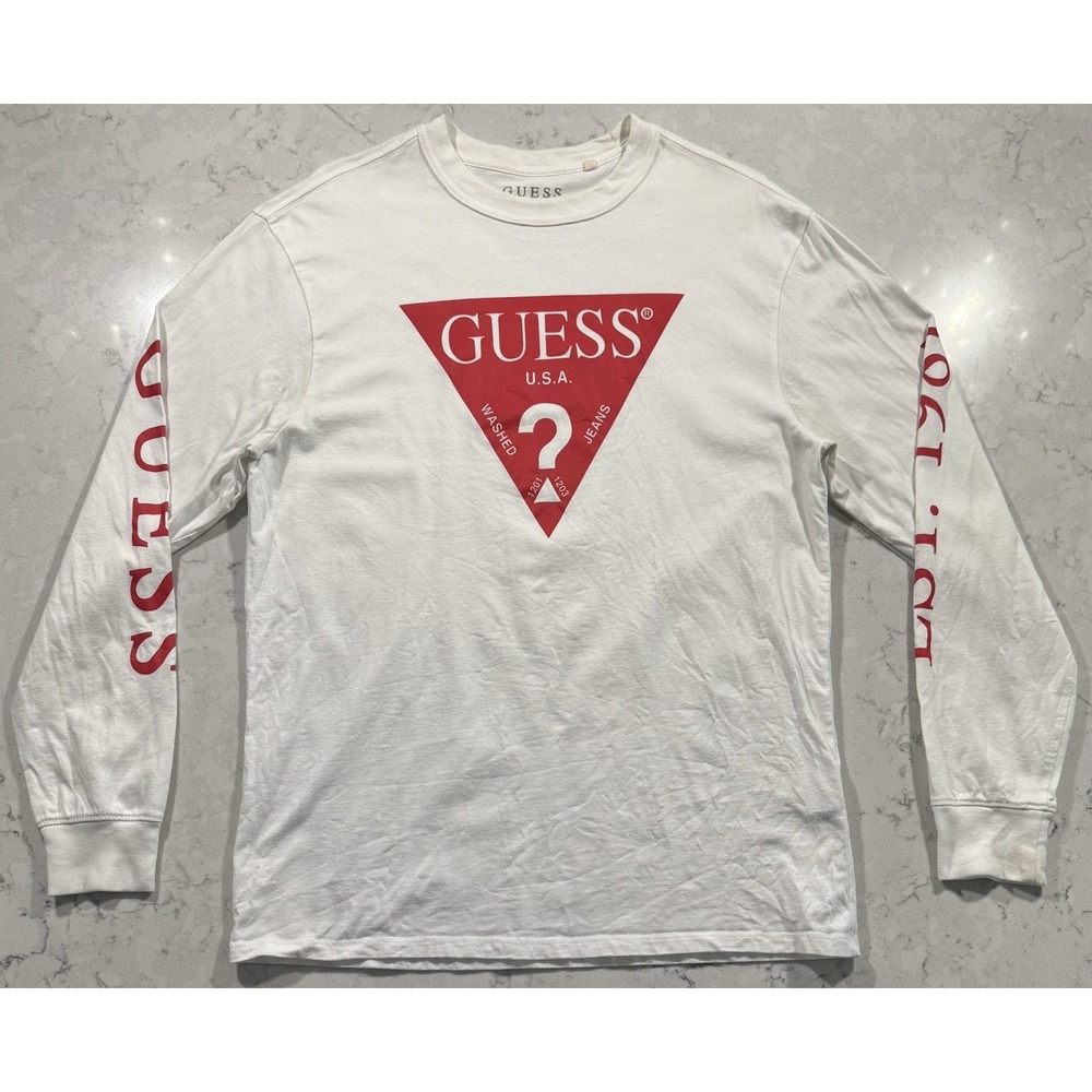 Guess Los Angeles Long Sleeve T-Shirt Mens Medium White Triangle Logo Graphic